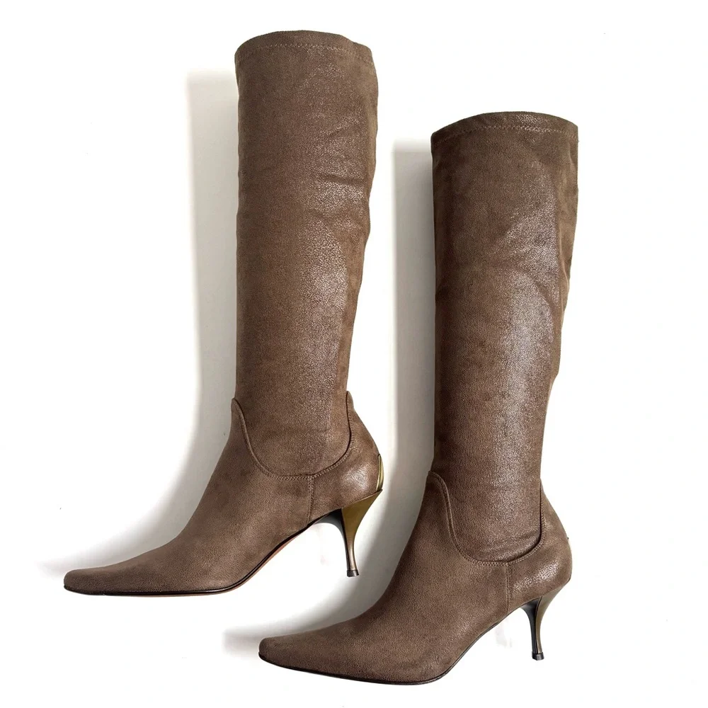 Donald J Pliner Suede Leather Knee High Boots Kitten Heels Sock Pull On Sz 10M